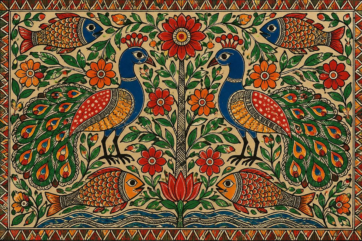 Colorful Madhubani painting with peacocks and fish